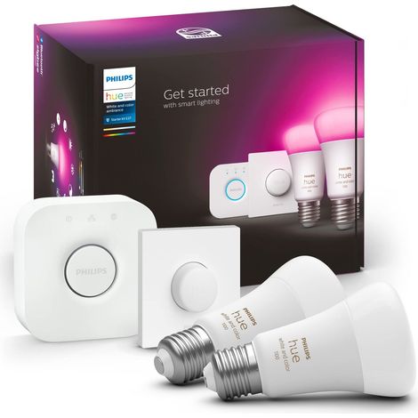 Philips Hue White & Color Ambiance Starter Kit 2 Lampadine Smart, Attacco E27, Luce Bianca e Colorata Dimmerabili, 9W, Hue Bridge e Telecomando Smart Button inclusi, Bluetooth (1/4)