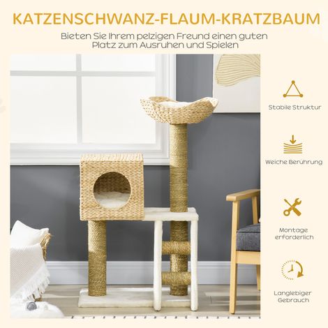 Arbre pour chat avec cabane, poteaux griffoirs en sisal, coussins déhoussables et lavables, 100,5 x 57 x 37 cm, blanc et naturel