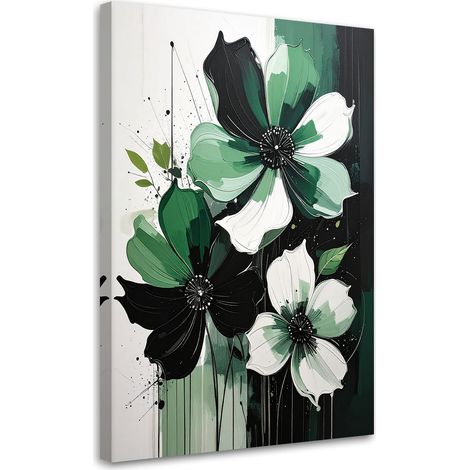 Quadro su tela, Fiori bianchi in uno sfondo verde e nero. - 30x45 (1/2)