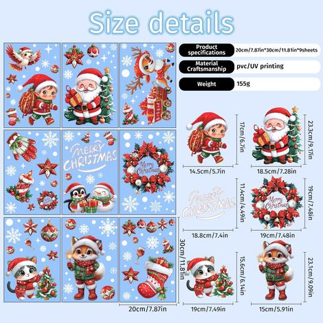 Stickers vitraux statique de Noël sans colle, décoration de fenêtre Père Noël, bonhomme de neige et flocons de neige, lot de 9 pièces couleur rouge, taille 30x20 cm pour décoration festive intérieure (1/3)
