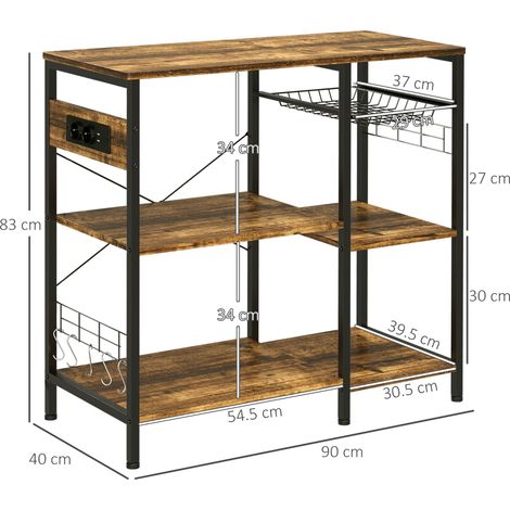 Meuble de cuisine à trois niveaux en panneaux de particules avec prise électrique, port USB et poubelle, 90 x 40 x 83 cm (1/5)
