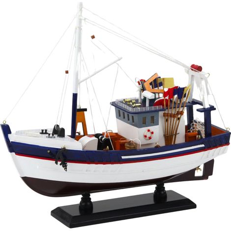 Modellino decorativo da collezione di barca da pesca equipaggiata, dimensioni 37x34 cm.