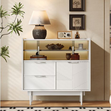 REDOM - Buffet 80x35x80 cm avec portes coulissantes en verre panneaux de fibres de moyenne densité éclairage LED intégré blanc (1/5)