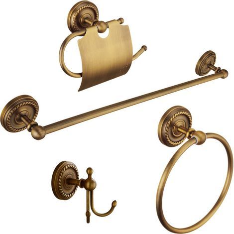 accessori da bagno in ottone anticato: portasciugamani da 40 cm, gancio, portarotolo e portasciugamani.