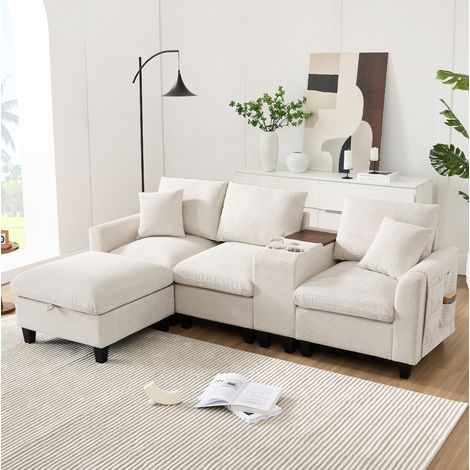 Divano angolare a L 229x149,5x83 cm in velluto a coste beige con console - MEUBLIV (1/5)