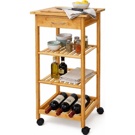 Relaxdays kitchen trolley, bamboo, 4 levels, bottle rack, spices & supplies, HWD: 85x39x39 cm, narrow, natural (1/5)
