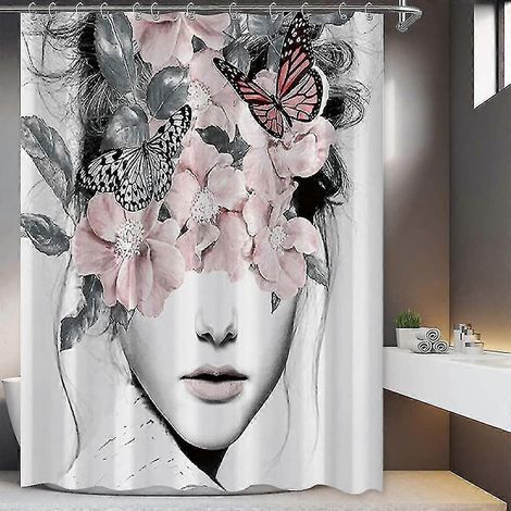 Rideau de douche floral pour femme, rideau de douche esthétique avec motif de roses et de papillons, rideau de bain en tissu blanc imperméable, décoration de salle de bain. (1/5)