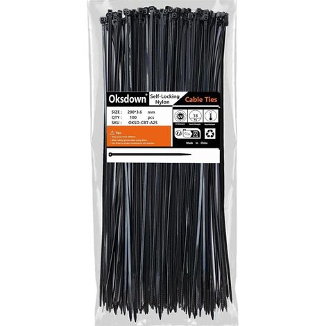 Kabelbinder Schwarz 200mm UV-beständig 100 Stück Zugfestigkeit 18,2kg Nylon 6.6 (1/5)