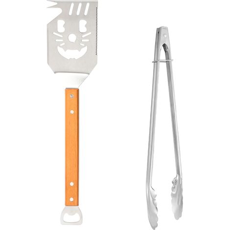 Grillutensilien, Edelstahl-Grillset, Holzzange und Pfannenwender, Grillparty-Zubehör, 2-teilig (1/5)