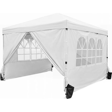Tonnelle pliable de jardin 3 x 3 m blanche, tente de fête étanche avec 4 parois amovibles, 3 hauteurs réglables, sac de transport à roulettes pour réception, camping et pique-nique