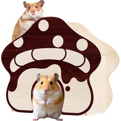 Maison de hamster à champignons en bois (200×100×175 mm) – Abri naturel et décoratif pour hamsters, gerbilles et petits rongeurs