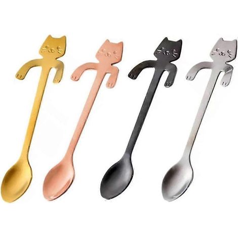 Set aus 4 katzenförmigen Kaffee-/Teelöffeln, Mini-Kätzchenlöffel aus Edelstahl in 4 verschiedenen Farben, ideal zum Mischen von Desserts, Kaffee, Tee, Milchshakes und anderen Getränken.