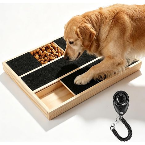 Grattoir pour Chien avec Boîte à Friandises 35x25x3cm, Lime Griffes Chien en Bois avec Clicker, Dog Nail Scratch Board en Papier Verre, Alternative Coupe-Ongles pour Entretien Griffes Chiens Dressage (1/5)
