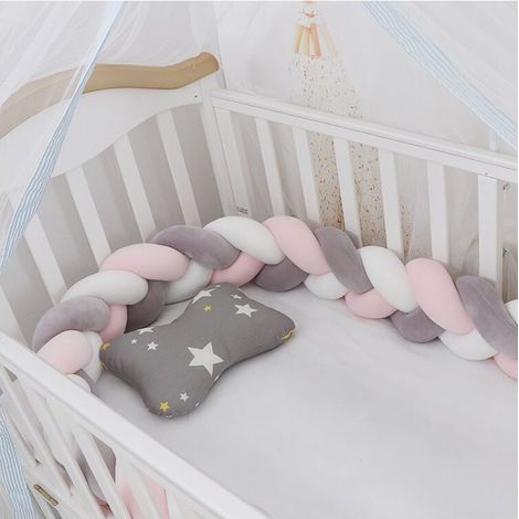 – Tour de lit bébé 150 cm – Velours doux – Couleurs blanc, gris, rose – Pare-chocs anti-collision pour lit de bébé (1/2)