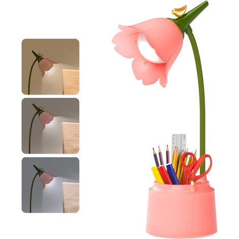 Lampada da tavolo a LED dimmerabile con portapenne e controllo touch - Lampada da scrivania ricaricabile tramite USB con collo flessibile - 3 temperature di colore - Design con fiori rosa e uccellino (1/5)