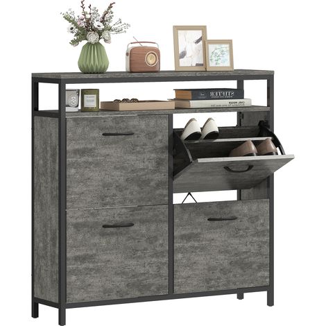 Cement Grey Shoe Storage Cabinet with 4 Flip Drawers and Open Shelf for Organized Entryway