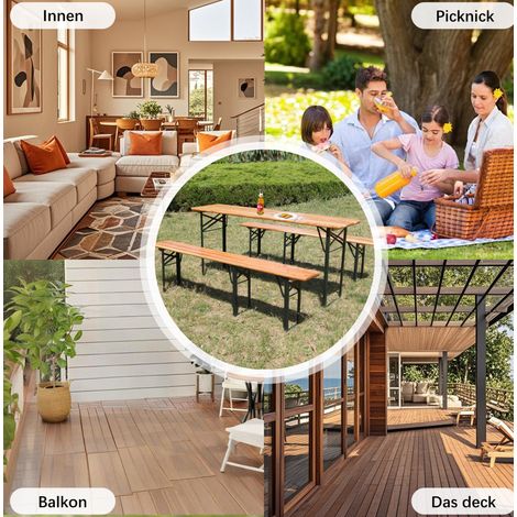 Mesa jardín plegable con bancos madera natural OKMYHOME (1/3)