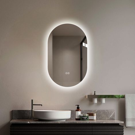 Miroir LED salle de bain ovale 50x80 cm sans cadre, antibuée, capteur tactile, 3 températures de couleur, intensité réglable, miroir HD sans cuivre