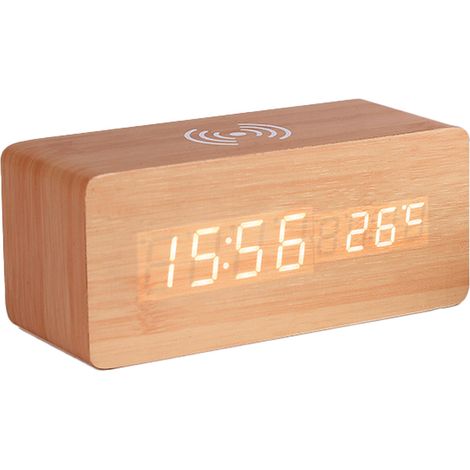 Horloge en bois de bambou à chargement sans fil avec affichage de la température et lettres blanches (1/5)