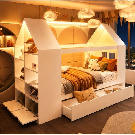 Hausbett 235x95x154,5 cm aus weißem Holz mit LED und Stauraum, ohne Matratze – MEUBLIV (1/5)