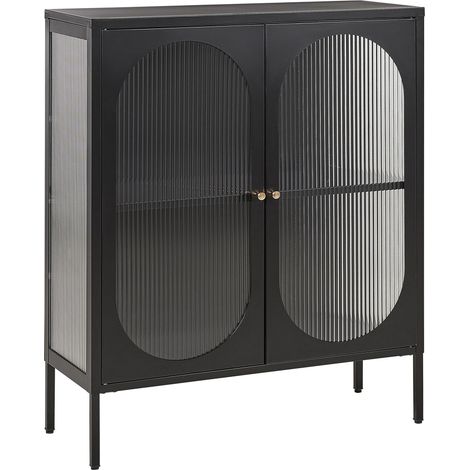 Credenza moderna in acciaio nero e ante in vetro opaco Sarre