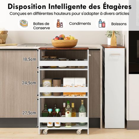 Costway – Chariot de rangement 20 cm – Desserte de cuisine 4 niveaux – Roulettes universelles avec freins – Bois d'ingénierie durable