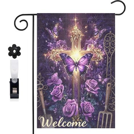 Drapeau de jardin style féerique et croix florale 30 x 45 cm décoration terrasse et extérieur (1/5)