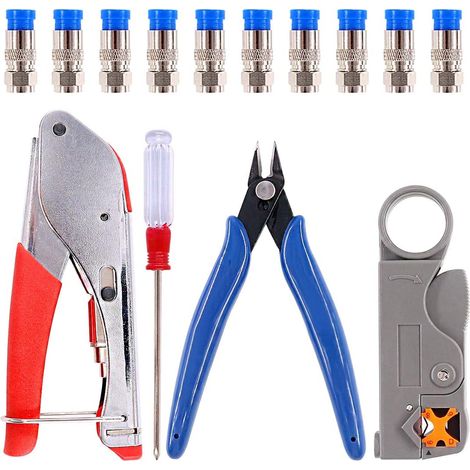 Kit d'outils de compression 14 pièces avec sertissage et dénudeur de câble avec 10 connecteurs de compression Idéal pour connecteur coaxial RG59 RG6F BNC RCA (1/5)