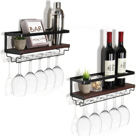 Casier à vin mural bois et métal avec porte-verres