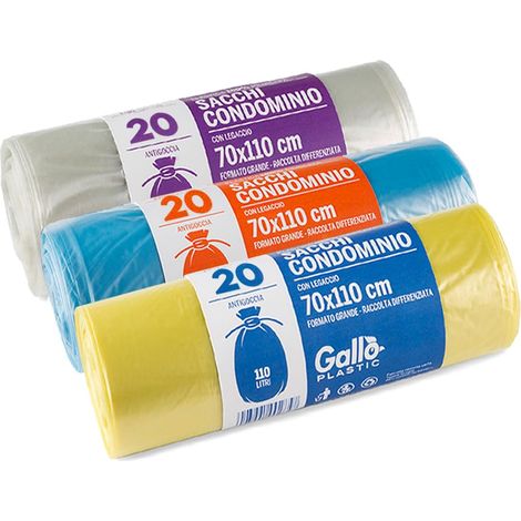 Gallo, Sacchi per Raccolta Differenziata, 20 sacchetti per rotolo, kit da 3 rotoli, 70x110cm, 110 Litri, Blu, Trasparente, Giallo