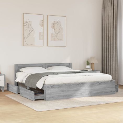 Bed Frame with Headboard without Mattress Grey Sonoma 200x200 cm vidaXL