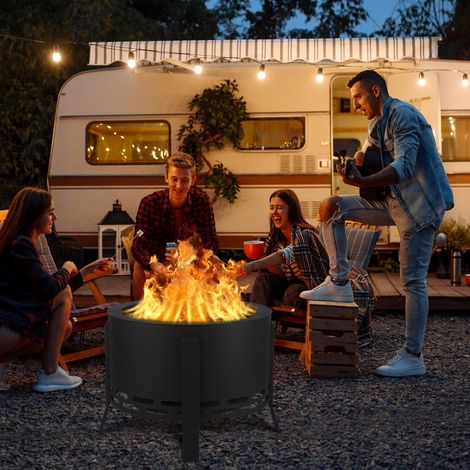 Brasero extensionérieur sans fumée 26" en acier carbone – Foyer à bois avec système d’aération 360°, couvercle bambou, cendrier amovible, housse imperméable – Pour terrasse, jardin, camping, pique-niq (1/5)