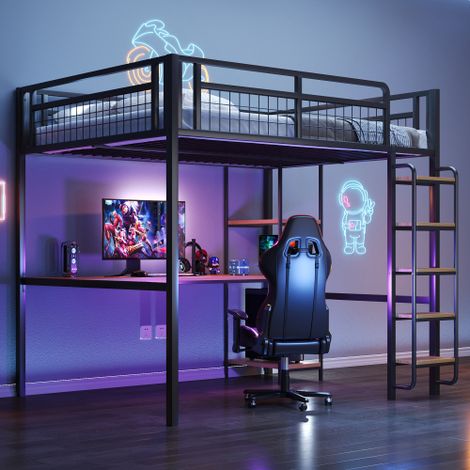 Metall-Hochbett,Sicherheitsleiter mit Treppenstufen, Einzelbett, Kinderbett mit Tisch und Regalen, Metallgitter-Sicherheitszaun