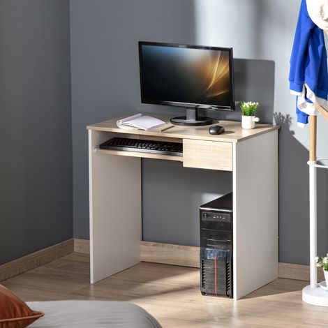 Bureau de chambre. Bureau d'ordinateur en bois. Bureau avec tablette pour clavier. Blanc et chêne.