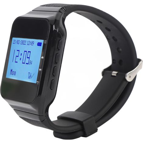 Système d'appel sans fil avec 1 montre réceptrice, 1 bouton d'appel, étanche IPX4, modes vibreur et buzzer. Système de radiomessagerie sans fil pour restaurants, hôtels et cafés. (1/5)