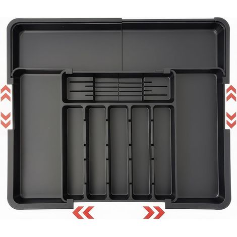 Noir Range Couverts, Range Couverts Extensible, Rangement Couverts Tiroir Cuisine doté de 2 blocs de couteaux amovibles et 9 compartiments, Range Couverts Extensible (1/5)