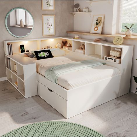 Etagenbett 90/200 cm weiß mit Stauraum, USB-Anschlüssen und Leselicht (1/5)