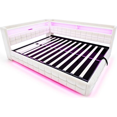 Cama canapé multifunción 140 x 200 cm en terciopelo beige con LED, USB y Type-C (1/5)