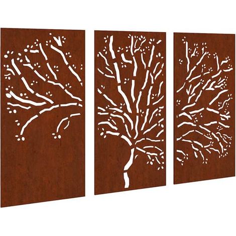 Ensemble de trois panneaux muraux de jardin, mesurant 105 x 55 cm, avec un motif d'arbre en acier. (1/5)