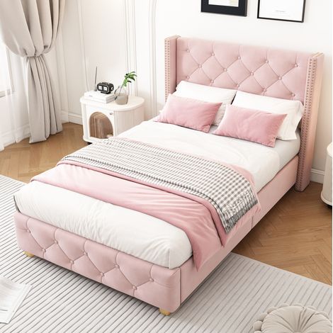 Cama Tapizada 90x200 Cm Somier Lamas Cabecero Capitoné Terciopelo Rosa (1/5)