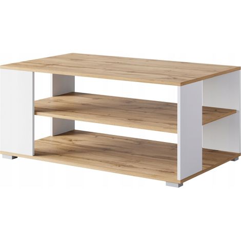 Mesa de centro rectangular moderna y sencilla con estantes, 100 cm, roble wotan blanco. (1/5)