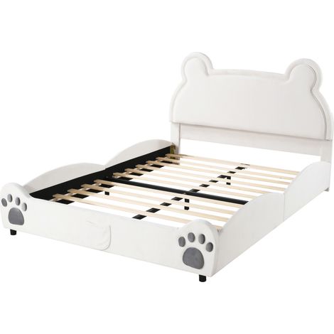 Cama infantil con forma de oso tapizada 140 x 200 cm, blanca, terciopelo suave (1/5)