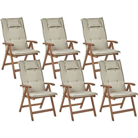 Set di 6 sedie da giardino rustiche in legno d'acacia naturale pieghevoli e regolabili con braccioli in legno scuro cuscini grigio talpa Amantea