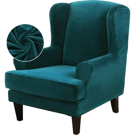 Set of 2 winged chair covers - Stretch velvet - Elasticated bottom - For wide-back chairs - Dark green (1/5)