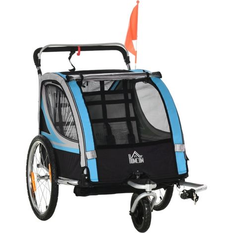 Remorque enfant 2-en-1 avec harnais 5 points, structure acier, bleu, 142 x 75 x 101 cm (1/5)