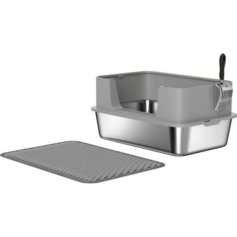 Toilette per gatti in acciaio inox, lettiera aperta con paletta, bordo alto, tappetino per gatti fino a 7 kg, 60,2 x 40,2 x 29,5 cm, Grigio (1/5)