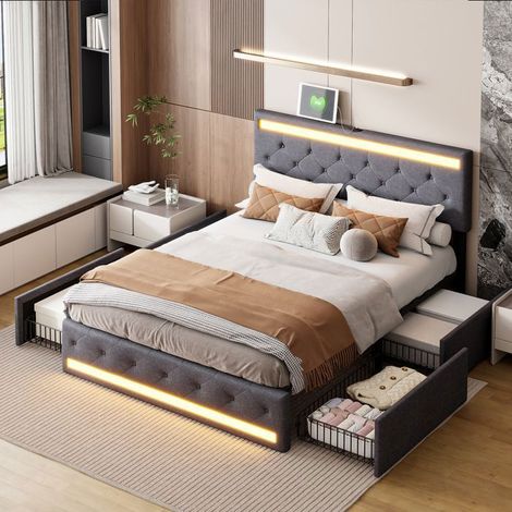 lit avec tiroir 140x190cm - Double lit rangement lin gris - LED réglable bleu - 4 tiroirs & USB Type-C-Design contemporain