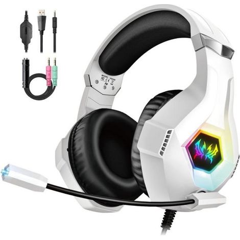 Casque Gaming pour Ps5 PC Ps4 avec Micro Anti Bruit et RGB LED Lampe - Stéréo Basse - pour Switch Xbox Series X & S-Blanc (1/5)