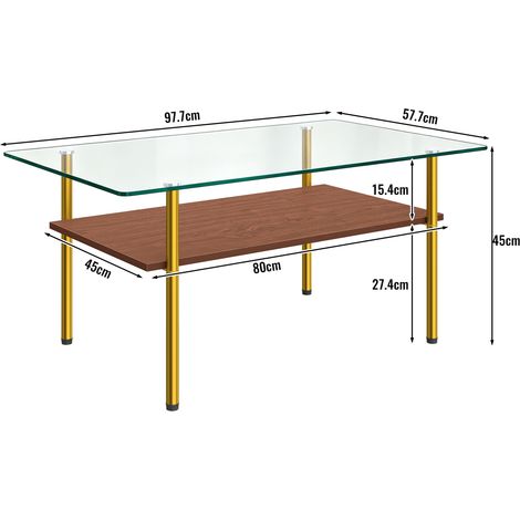 Moderner Couchtisch mit Glasplatte und MDF Ablage, Wohnzimmertisch mit Goldfarbenem Metallgestell, Rechteckiger Sofatisch im Luxus Design, Holzoptik-H45/B98/T58 cm (1/5)