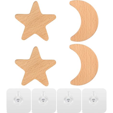 4 Pcs Wooden Wall Hooks, Kids Wall Hooks, Wall Mounted Coat Rack, Self Adhesive Wall Decor Hooks for Wardrobe, Kitchen, Bathroom, Bedroom - Stars and Moon Shape/4 Pcs (1/5)
